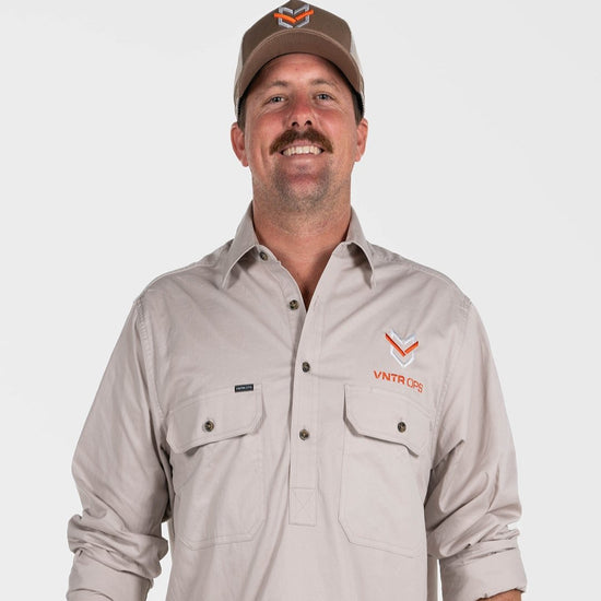 Half Button Work Shirts - Stone Grey