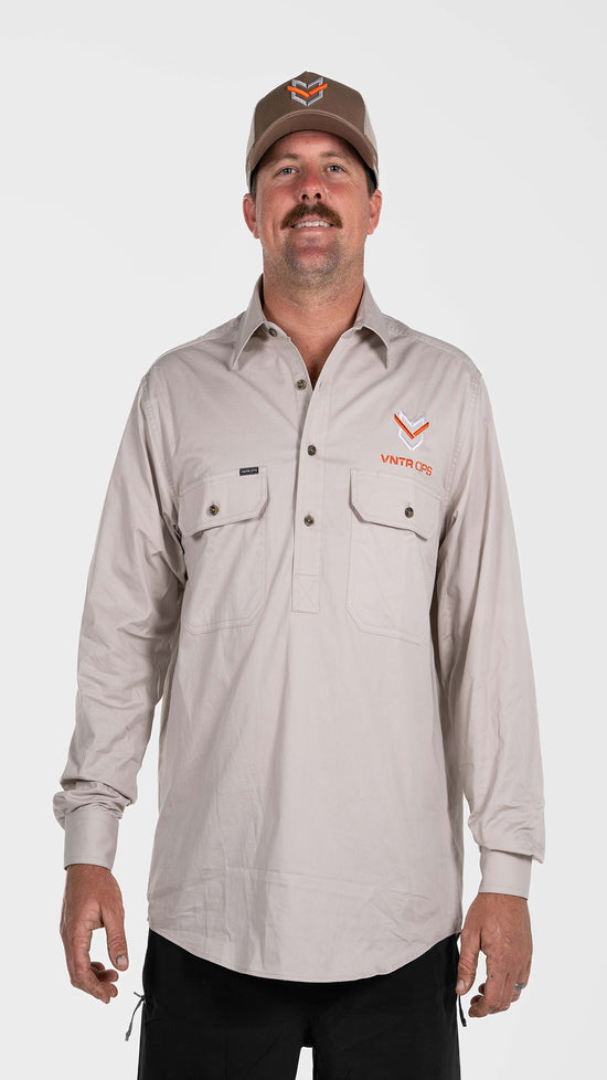 Half Button Work Shirts - Stone Grey