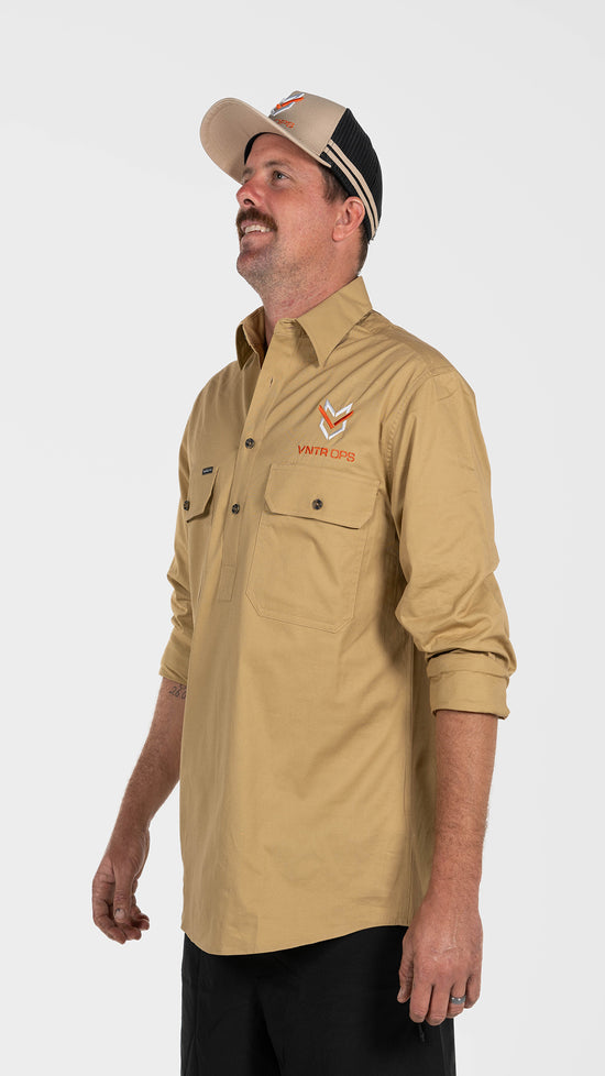 Half Button Work Shirts - Tan